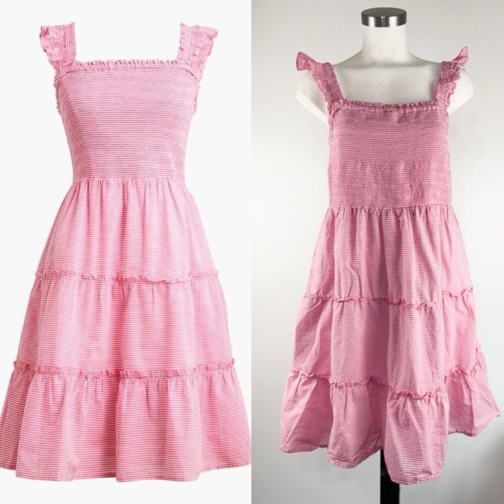 J Crew Sz Large Striped Smocked Tiered Mini Dress Pink Nautical Preppy Americana